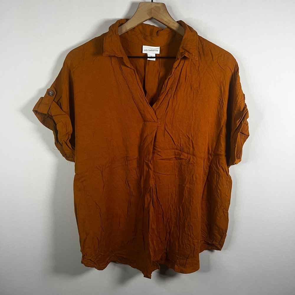 Liz Claiborne Shirt‎ Women XL Rust Orange Collared Roll Tab Short Sleeve Blouse
